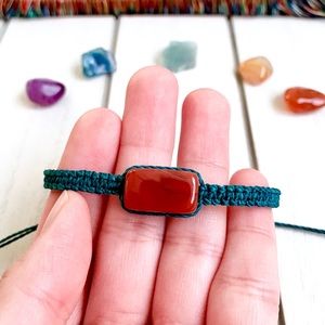 ☽ Carnelian Stone • Teal Waxed Macrame Bracelet ☾